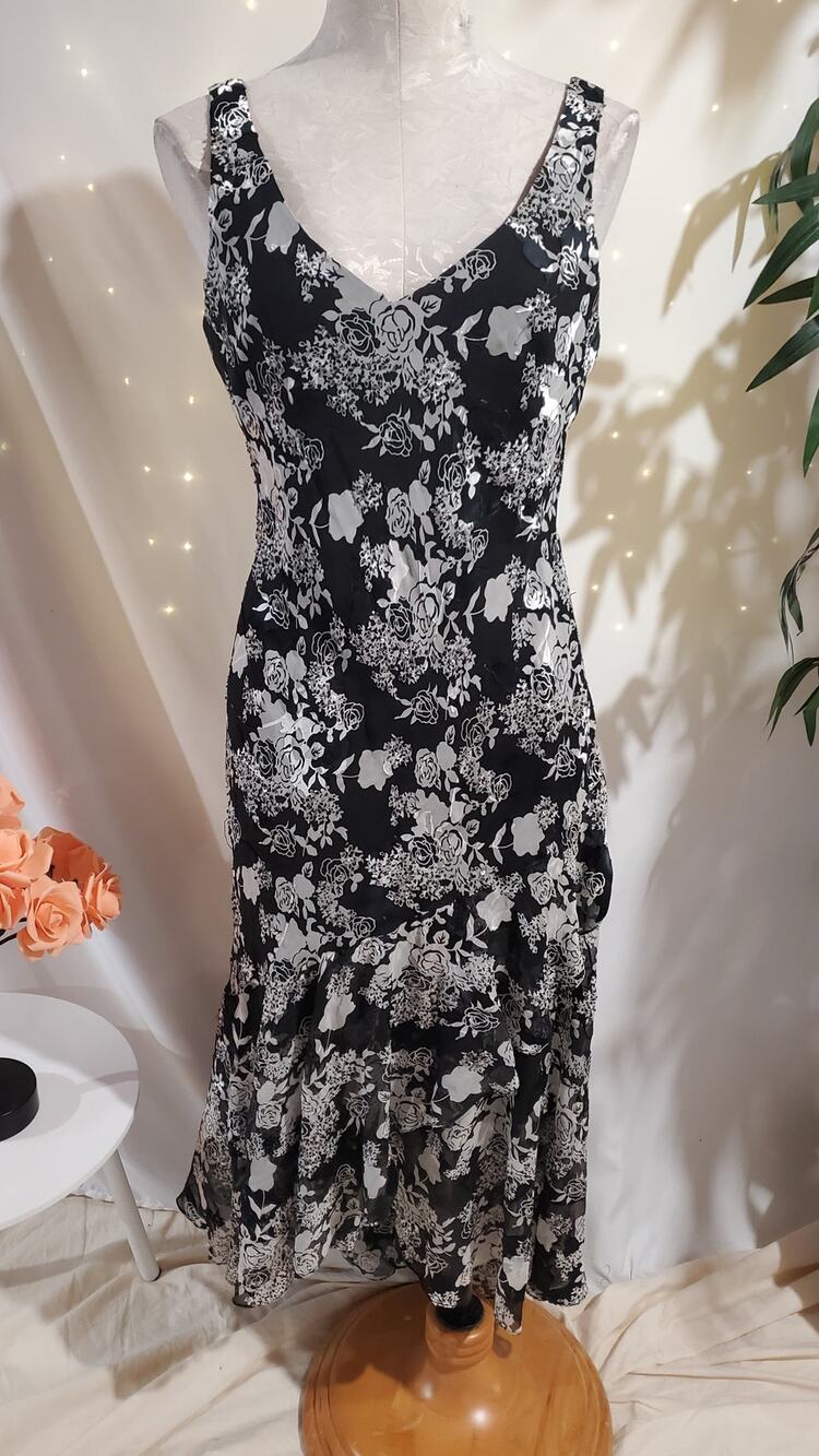Vtg Alex Evenings Floral Rose Silk Blend Sheer Ruffle Beaded Sequin Dress 12P